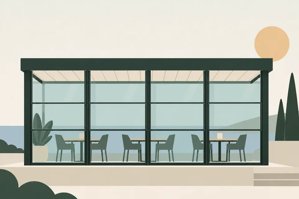 Restoran terasında motorlu giyotin cam