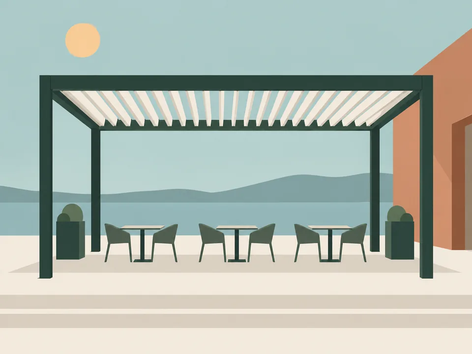 Restoran terasında açılı lamelli bioklimatik pergola